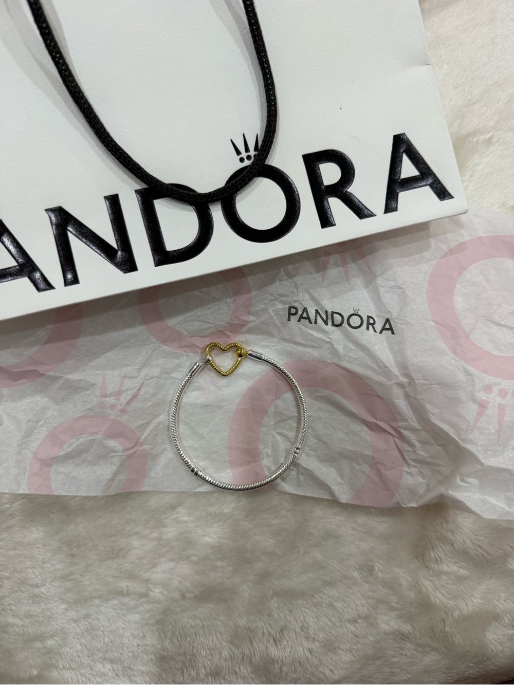 Pandora Silver Snake Chain Bracelet with Gold Heart Clasp